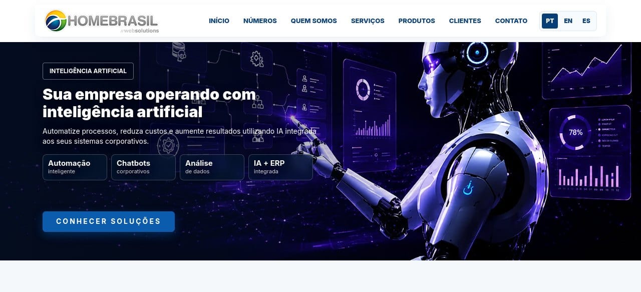 Site atual da HomeBrasil em 2026 com foco em inteligência artificial